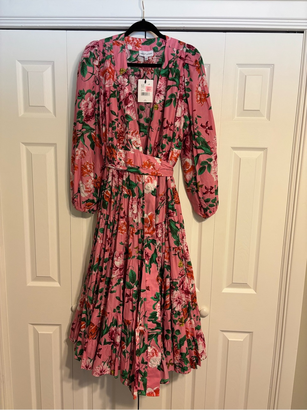 Gibson Latimer Pink Floral Long Sleeve Tiered Midi Dress